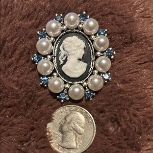 Elegant Silver and Blue Crystal Cameo Brooch